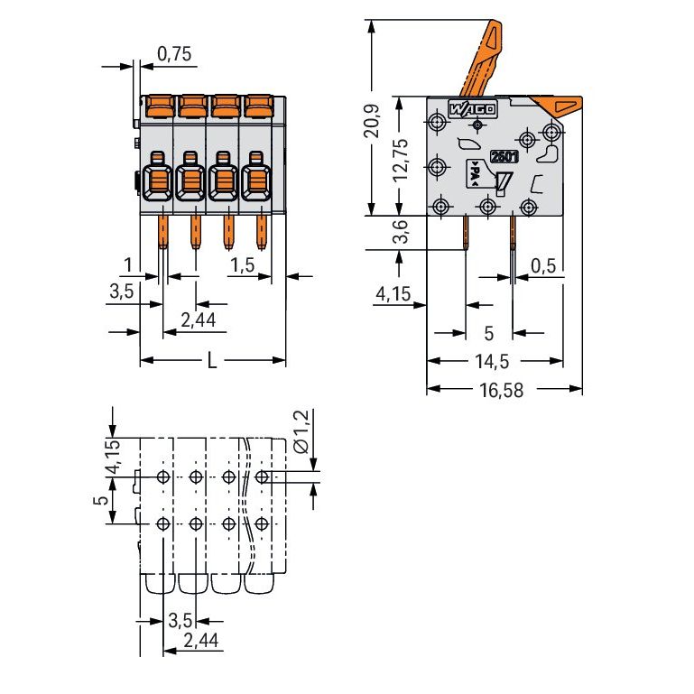 WAGO - Leiterplattenklemme 2601-1102 1,5mm²,gr − 220 Stück