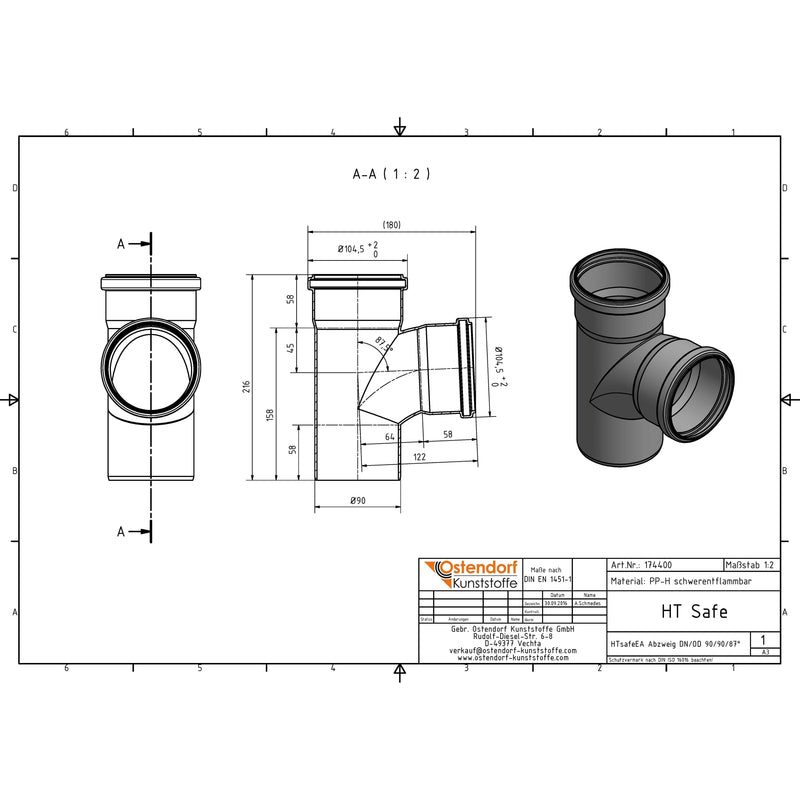 Gebr. Ostendorf - HTsafeEA Abzweig DN 90x90 87 Grad