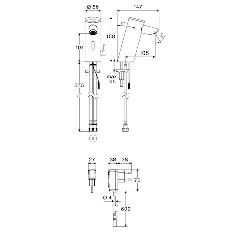 SCHELL - WT-Arm. PURIS E2 HD-M, Elektron. Mischwasser, Steckernetzteil, chrom