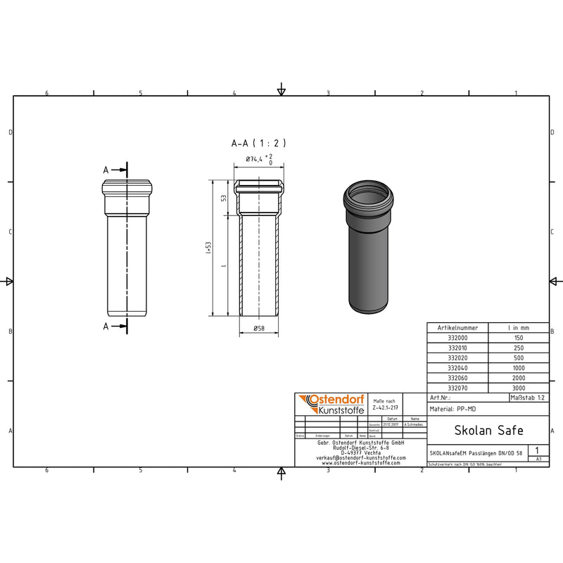 Gebr. Ostendorf - Safe Rohr DN/OD58 250mm mit einer Muffe