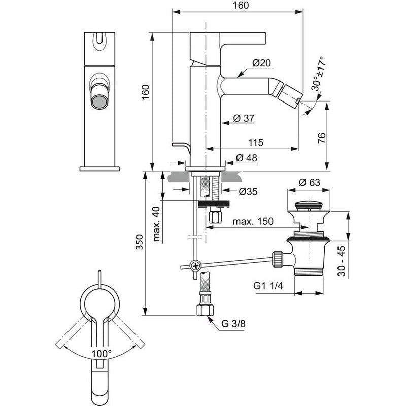 Ideal Standard - Bidetarmatur JOY, m.Ablgarn., Ausld.110mm, Chrom
