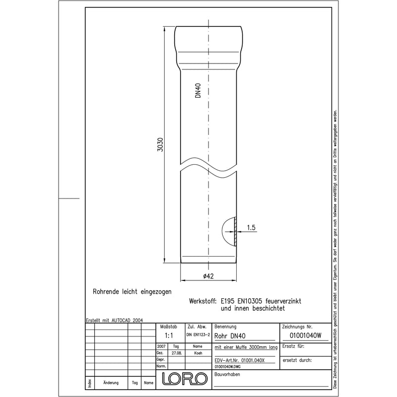 Lorowerk - Rohr 01001.X DN 40x3000mm mit 1 Muffe