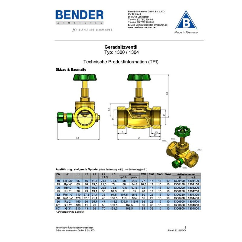 Bender Armaturen - Geradsitzventil Typ 1300 DN20 DIN 3512