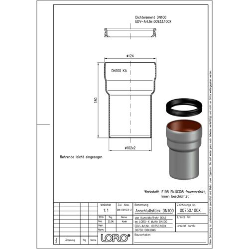 Lorowerk - Anschlussstück 00750. DN 100 von HT/KG auf LORO-X Muffe