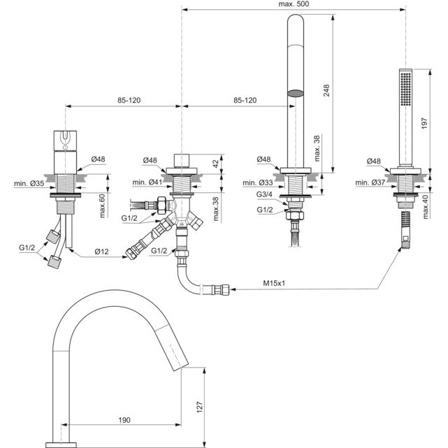 Ideal Standard - 4-Loch Wannenrandarm. JOY, m.Auslauf, Stab-HB u.Umsteller, Chrom