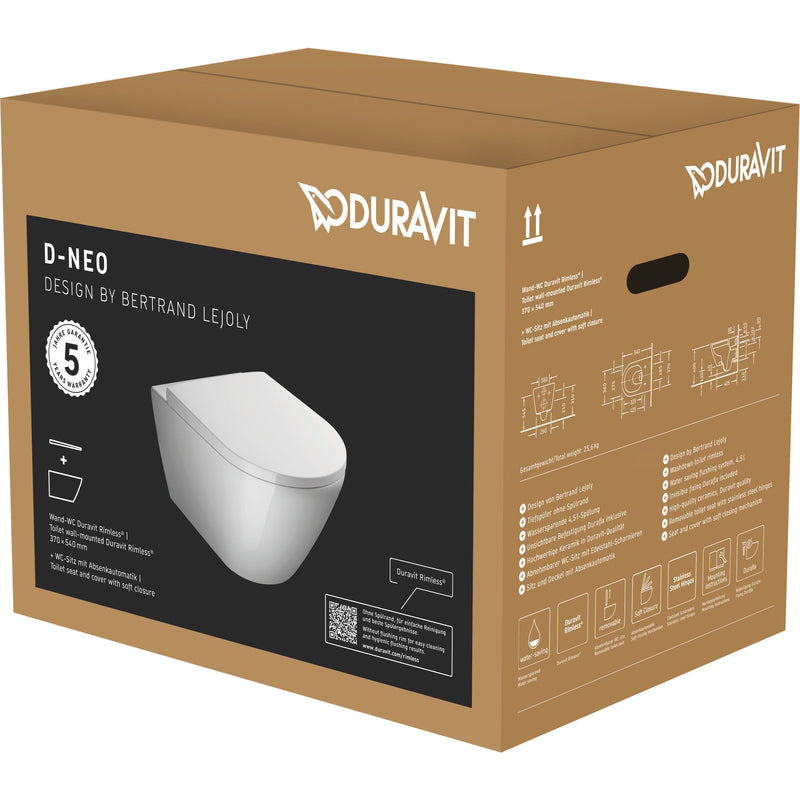 Duravit - Wand-WC Set 540 mm D-Neo Weiß,TS rim.,WC-Sitz m.Absenkaut.,inkl.Durafix