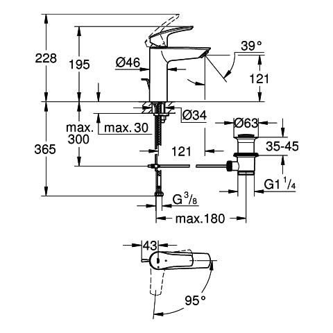 Grohe - EH-WT-Batterie EUROSMART 23393_3 M-Size MST kalt Zugst.-Abl.-grt. chrom