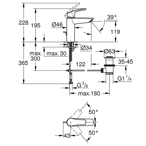Grohe - EH-WT-Batterie EUROSMART 23322_3 M-Size Zugstangen-Ablaufgarnitur chrom