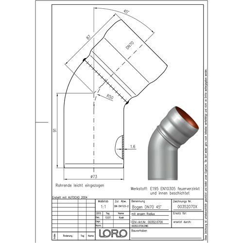 Lorowerk - Bogen 00352. DN 70 45 Grad mit engem Radius
