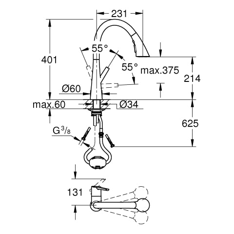 Grohe - EH-SPT-Batterie ZEDRA 32294 C-Ausl ausziehb. 3-Strahl-Spülbrause supersteel