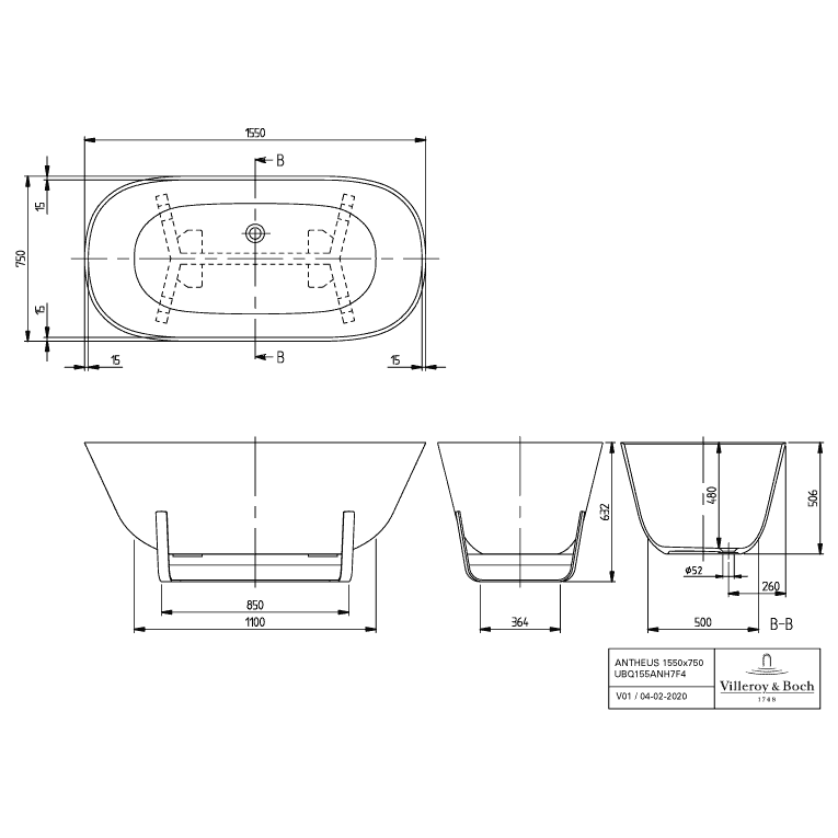 VILLEROY & BOCH - Badewanne ANTHEUS freistehend 1550x750mm weiß alpin