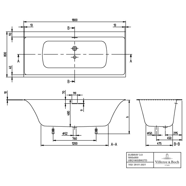 VILLEROY & BOCH - Badewanne Subway 3.0 1800x800x625mm re-eckig m. Sys AE TP2 Zul. Stone White