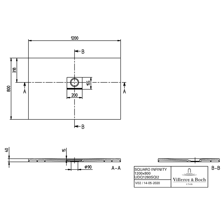 VILLEROY & BOCH - Duschwanne Squaro Infinity 1200x800x40mm re-eckig Stone White