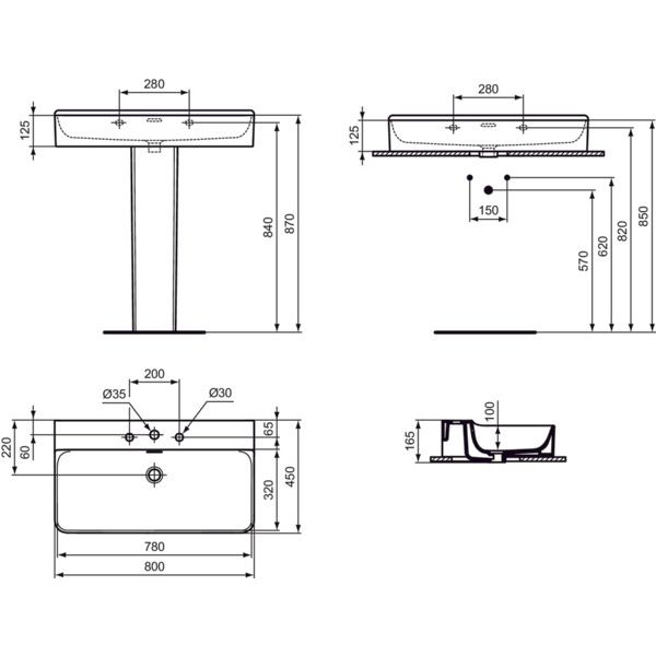 Ideal Standard - Waschtisch CONCA, 3 Hl., m.Ül., 800x450x165mm, Weiß