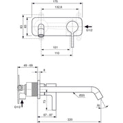 Ideal Standard - Wand-Waschtischarmatur JOY, BS2, eckige Rosette, Ausld.225mm,Brushed Gold