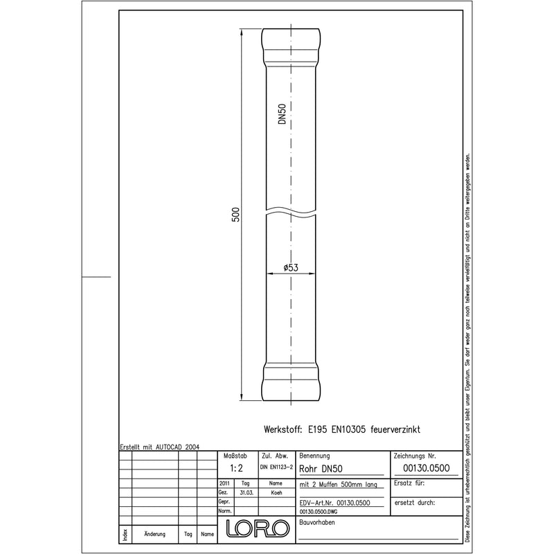 Lorowerk - Rohr DN50 500mm mit 2 Muffen