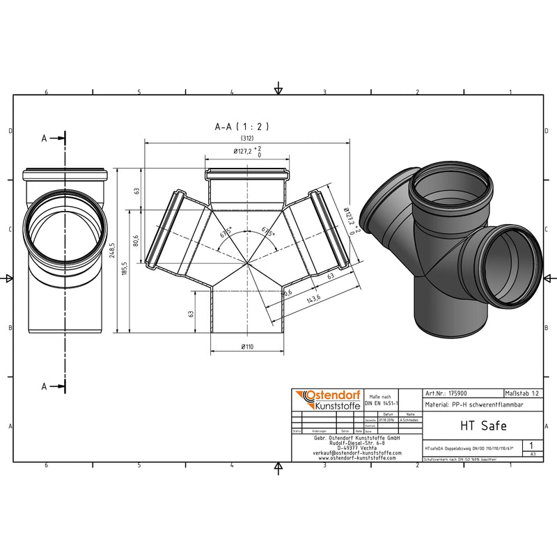 Gebr. Ostendorf - HTsafeDA Doppelabzweig DN 110x110x110 67 Grad