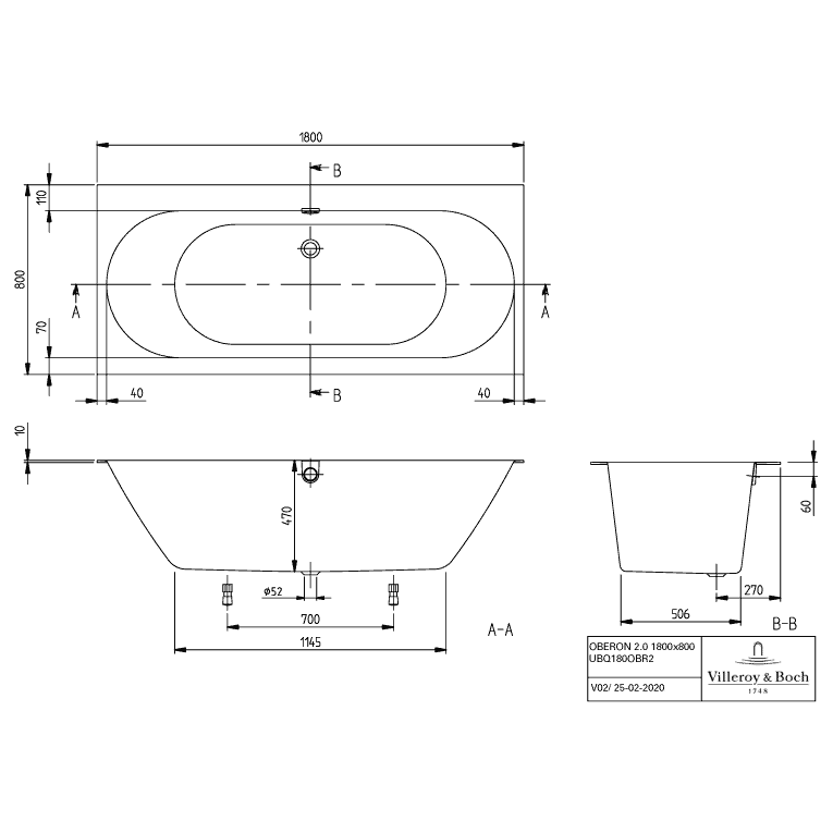 VILLEROY & BOCH - Whirlpoolsystem Oberon2.0 (180OBR2) 1800x800mm weiß alpin CC TP1