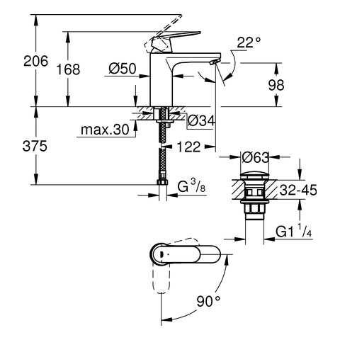 Grohe - EH-WT-Batterie EUROSMART C 23928 M-Size MST kalt Push-open Abl.grt. chrom