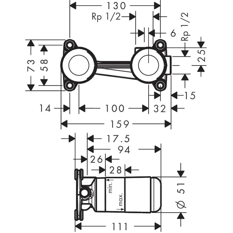 Hansgrohe - 2-Loch Waschtischarmatur AXOR Grundkörper Unterputz DN15