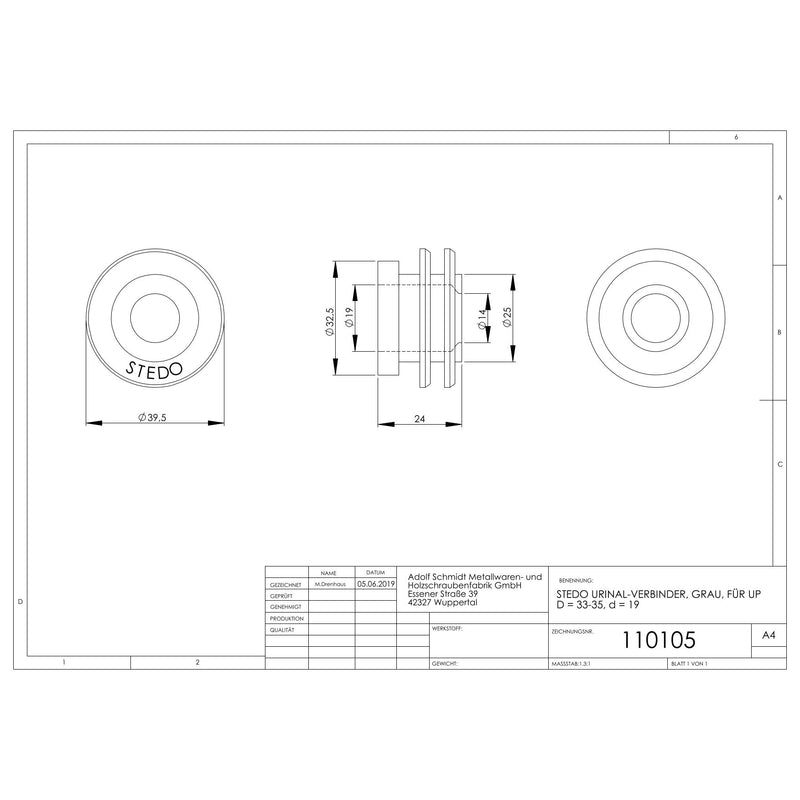 Adolf Schmidt - Urinal-Verbinder für UP-Montage lose D33-35 d19mm, grau
