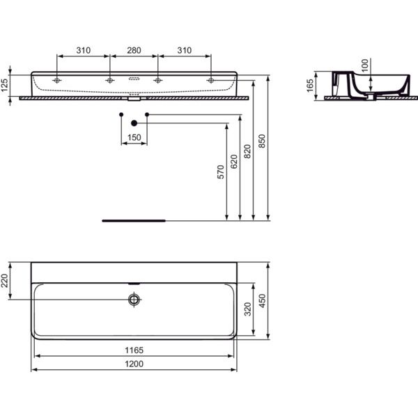 Ideal Standard - Waschtisch CONCA, o.Hl., m.Ül., 1200x450x165mm, Weiß mit IdealPlus