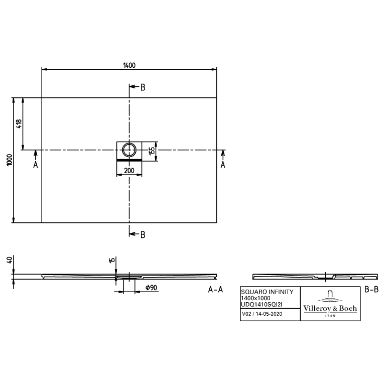 VILLEROY & BOCH - Duschwanne Squaro Infinity 1400x1000x40mm re-eckig Anthracite