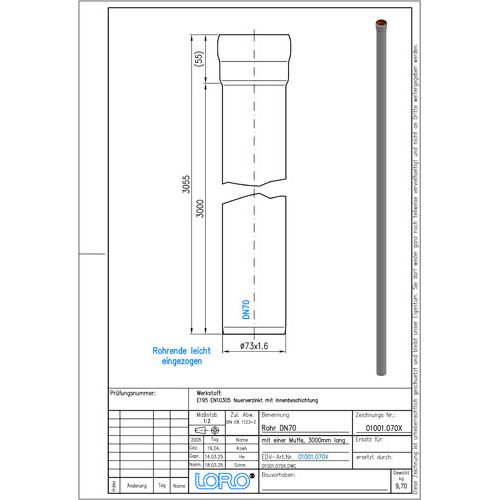 Lorowerk - Rohr 01001.X DN 70x3000mm mit 1 Muffe