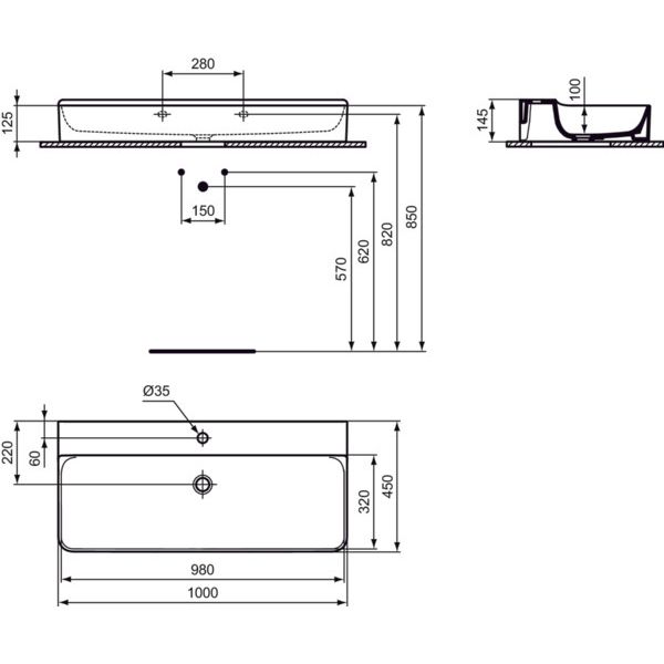 Ideal Standard - Waschtisch CONCA, 1 Hl., o.Ül., 1000x450x145mm, Weiß