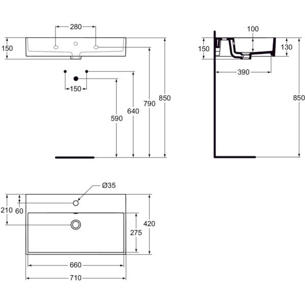 Ideal Standard - Waschtisch STRADA, 1 Hl., m.Ül., 710x420x145mm, Weiß