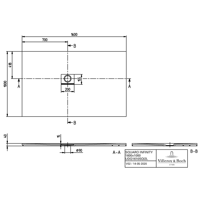 VILLEROY & BOCH - Duschwanne Squaro Infinity 1600x1000x40mm re-eckig EB:li Anthracite