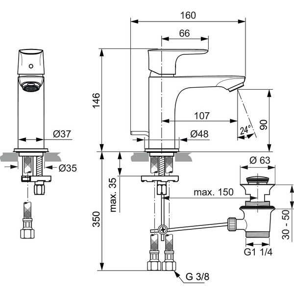 Ideal Standard - WT-Armatur CONNECT AIR, Slim, 5l/min, m.Ablgarn., Ausld.107mm, Blizzard silver