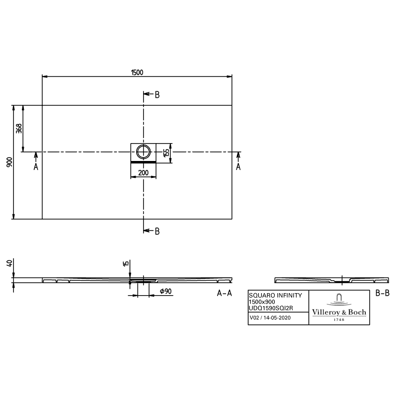 VILLEROY & BOCH - Duschwanne Squaro Infinity 1500x900x40mm re-eckig EB:re Stone White