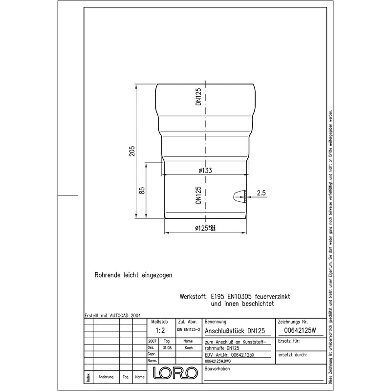 Lorowerk - Anschlussstück 00642. DN 125 von LORO-X auf HT/KG Muffe