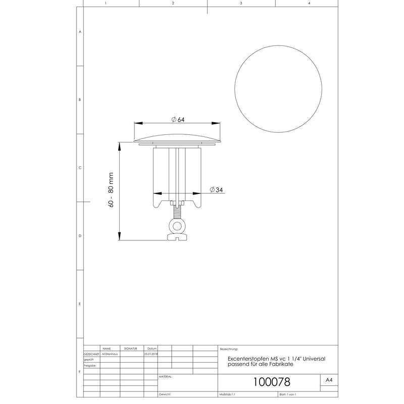 Adolf Schmidt - Excenterstopfen Universal 11/4 Platte 64mm Messing chrom