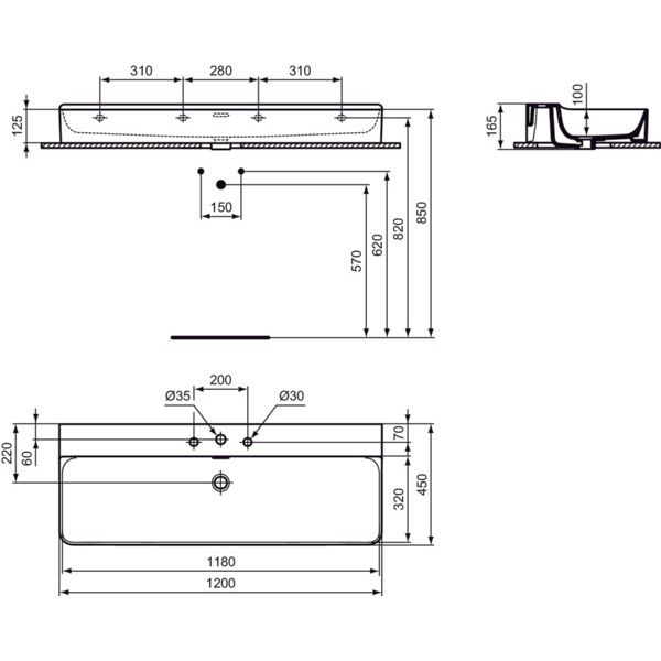 Ideal Standard - Waschtisch CONCA, 3 Hl., m.Ül., 1200x450x165mm, Weiß