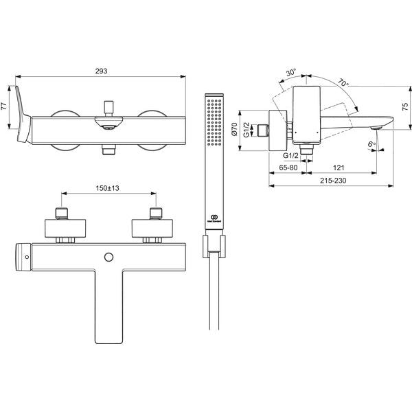 Ideal Standard - Badearmatur AP CONCA, m.Stab-HB, Brauseschlauch u.Wandhalter, Chrom