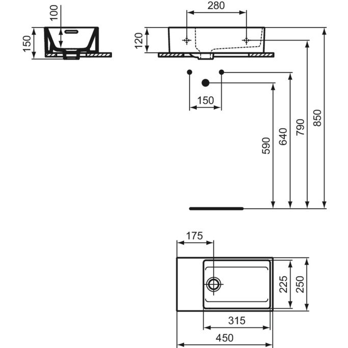 Ideal Standard - Handwaschbecken EXTRA, o.Hl., m.Ül., Ablage links, 450x250x150mm, Weiß m.IP