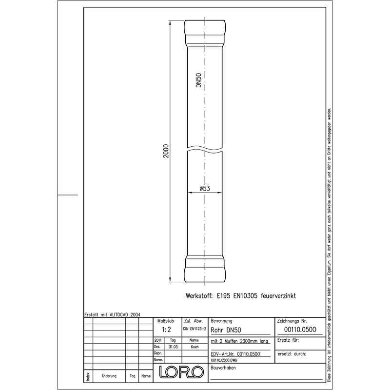 Lorowerk - Rohr 2 Mu.o.Ibesch. 2000mm DN 50
