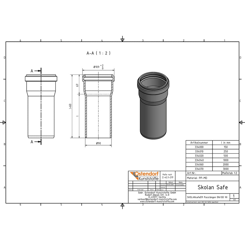 Gebr. Ostendorf - Safe Rohr DN/OD90 1000mm mit einer Muffe
