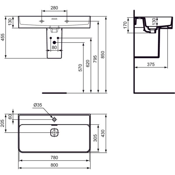 Ideal Standard - Waschtisch STRADA II, 1 Hl., m.Ül., 800x430x170mm, Weiß