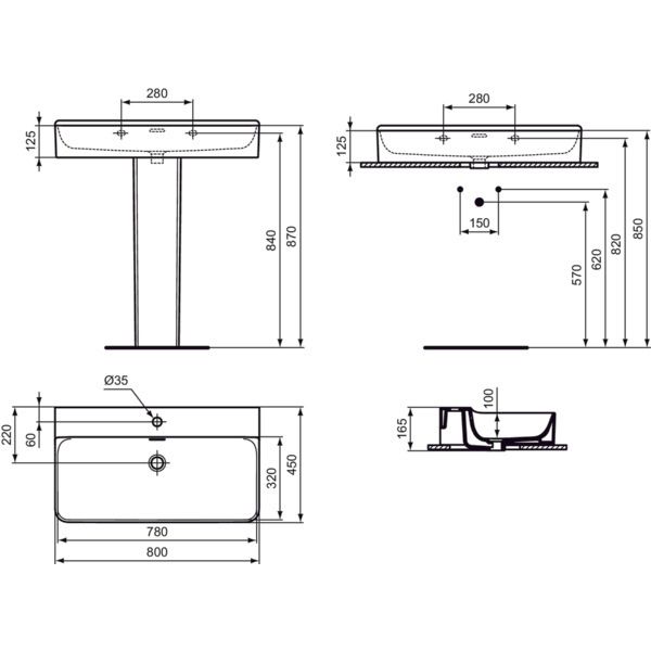Ideal Standard - Waschtisch CONCA, 1 Hl., m.Ül., 800x450x165mm, geschliffen, Weiß m.IP