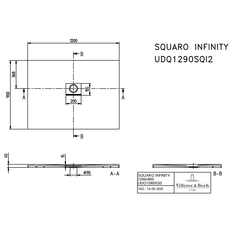 VILLEROY & BOCH - Duschwanne Squaro Infinity 1200x900x40mm re-eckig Grey