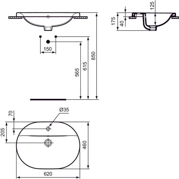 Ideal Standard - Einbauwaschtisch CONNECT, oval, 1Hl., m.Ül., 620x460x175mm, Weiß