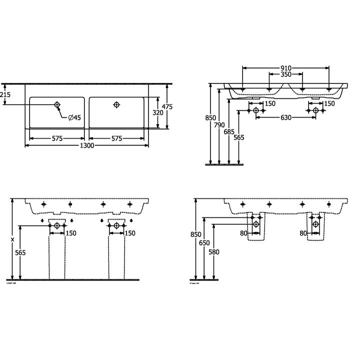 VILLEROY & BOCH - Schrank-Doppelwaschtisch Subway 3.0 1300x475mm Rechteck m. ÜL. Weiß Alpin
