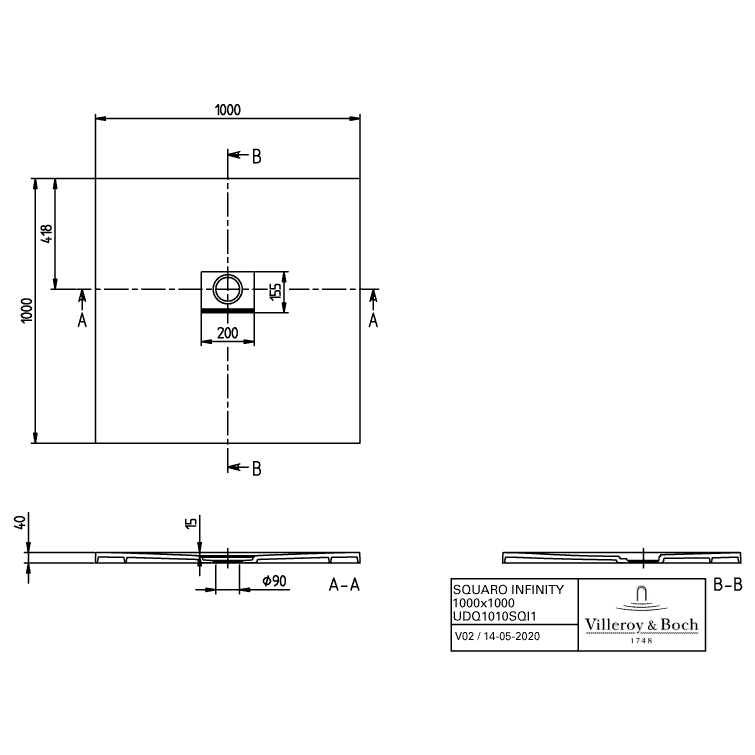 VILLEROY & BOCH - Duschwanne Squaro Infinity 1000x1000x40mm quadr. Anthracite