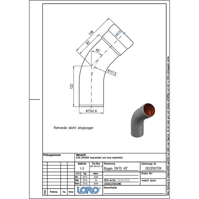 Lorowerk - Bogen 00320. DN 70 45 Grad