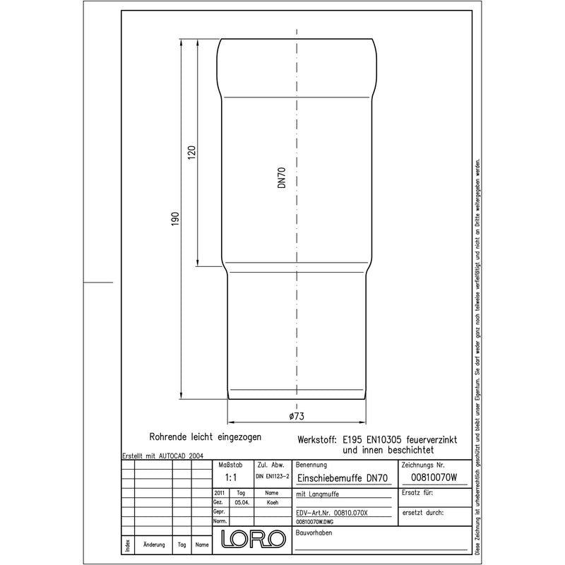 Lorowerk - Einschiebmuffen 00810. DN 70