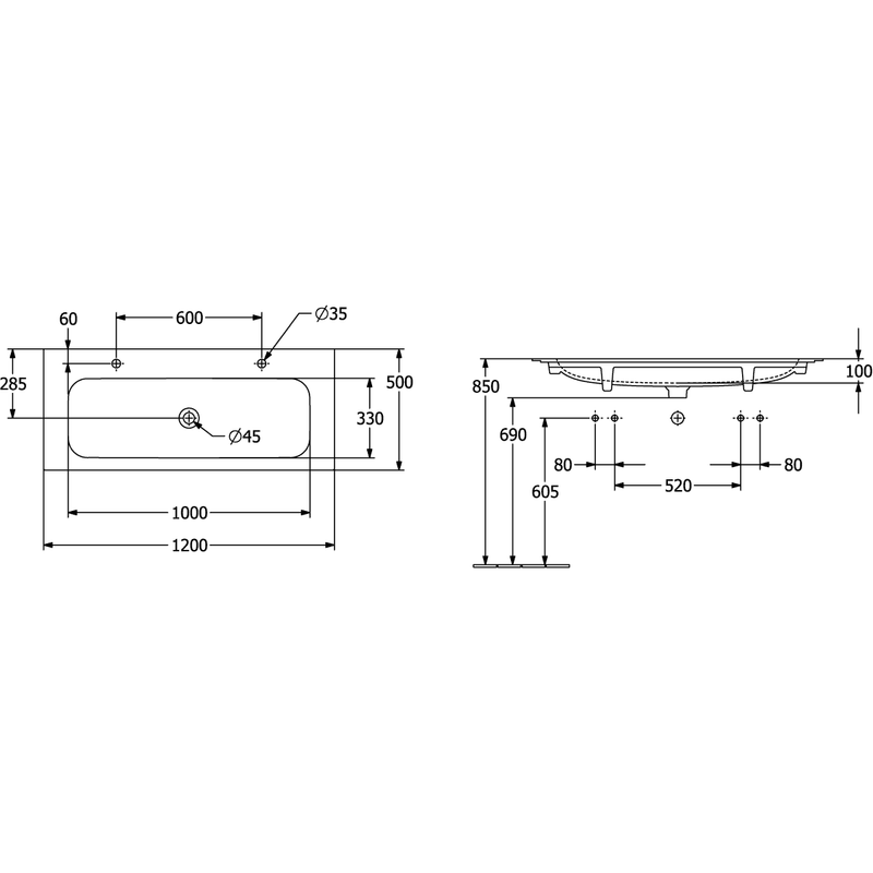 VILLEROY & BOCH - Schrankwaschtisch Finion 1200x500mm re-eckig 2HL. o. ÜL. Weiß Alpin cplus