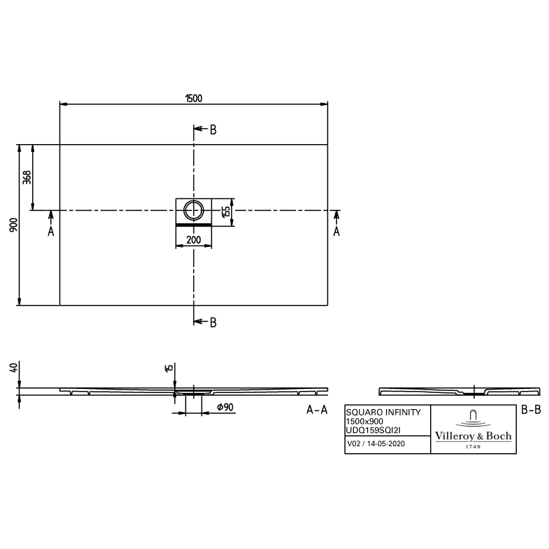 VILLEROY & BOCH - Duschwanne Squaro Infinity 1500x900x40mm re-eckig Stone White